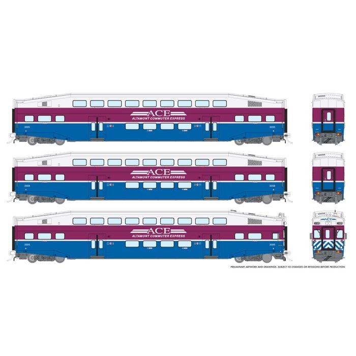 HO BiLevel Commuter Car: ACE - Original: Set #1 (Cab: 3305 Coaches