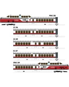 HO UAC TurboTrain (DC/DCC/Sound): Early Amtrak - 5-Car Set: #52-73-74-75-53