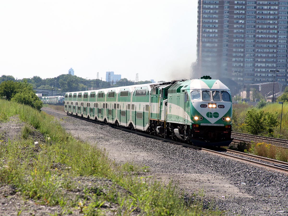 Brand new GO 612 runs with 557 eastbound out of Toronto, Ontario in August, 2008. Photo by Dan Garcia.