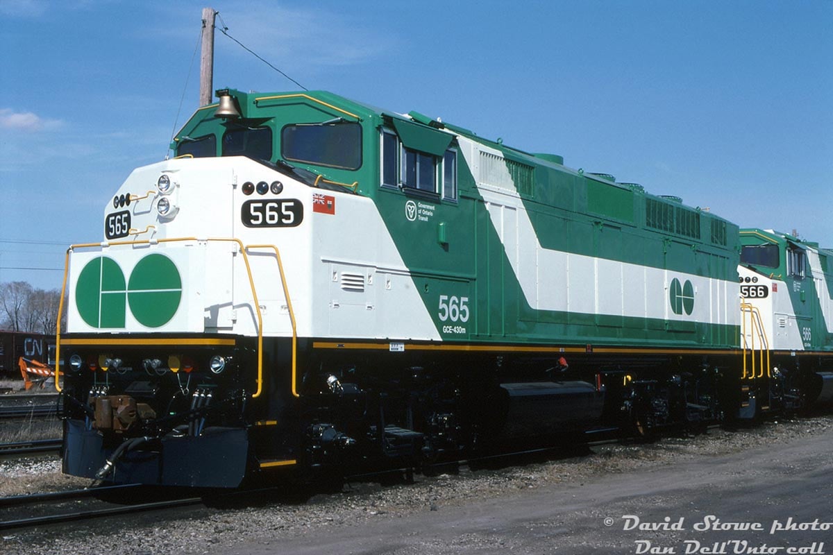 GO 565 and 566 sit in London, Ontario after being released from the EMD plant. Photo by David Stowe, courtesy of Dan Dell'Unto.