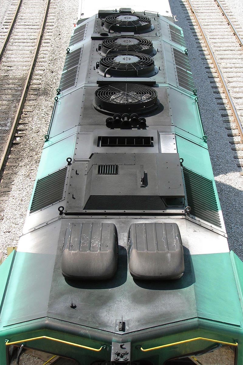 Rooftop details of GO 557 as sits west of Union Station, Toronto, Ontario. Photo by Dan Dell'Unto.